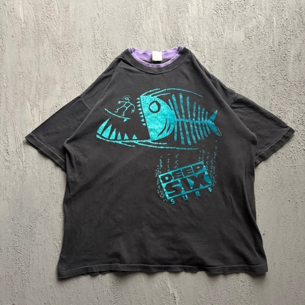 Vintage Deep Six Surf Shirt XL Black 1990s Fish Skeleton USA